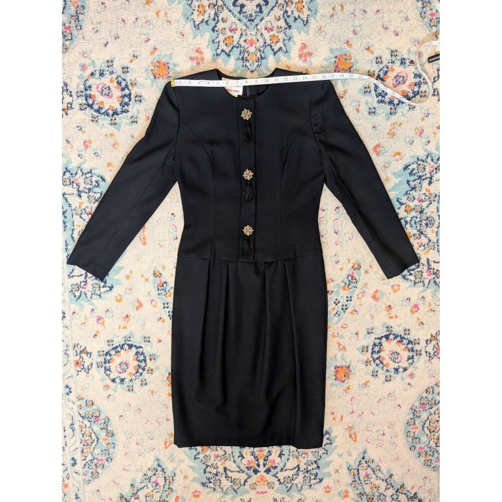 Vintage Maggy London Black Wool Dress W/ Embellished Appliques & Tassels - 4 - Picture 5 of 10